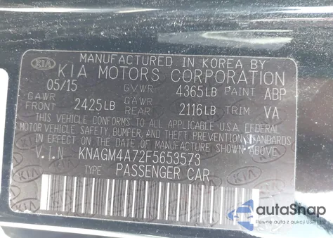 2015 Kia Optima Lx из США, поврежденный, VIN KNAGM4A72F5653573